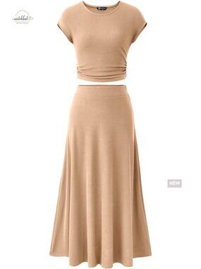 Women's Knit Two Piece Skirt Set Crop Top Midi Skirt Lounge Outfit